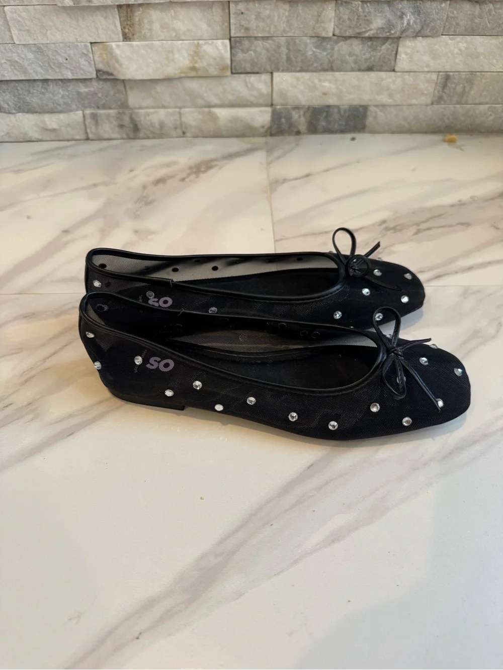 SO Black Mesh Ballet Flats with Bow and Rhinestone Studs